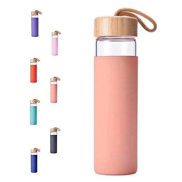 glass water bottle with bamboo cap and sleeve