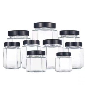 Hexagon honey glass jar with lug cap