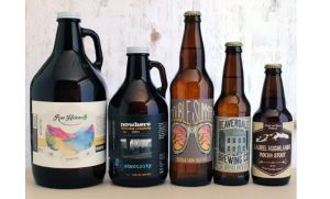 a collection of growler and beer bottles