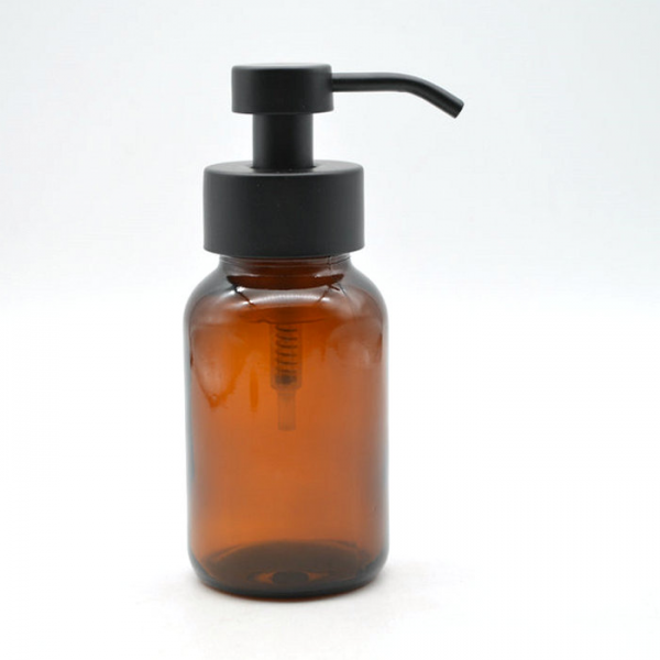 amber soap bottle with stainless pump