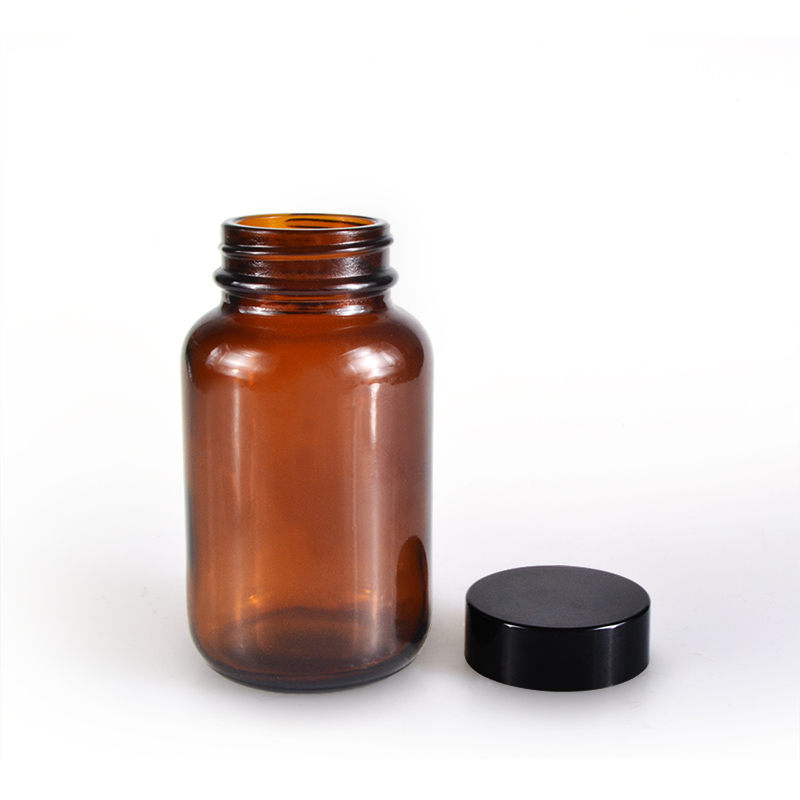 Amber Glass Pill Bottle 150ml with Aluminum Brown Cap & Press Liner