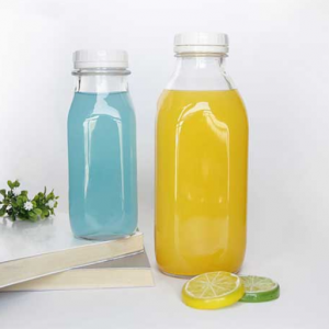 Square juice glass bottle with plastic tamper cap