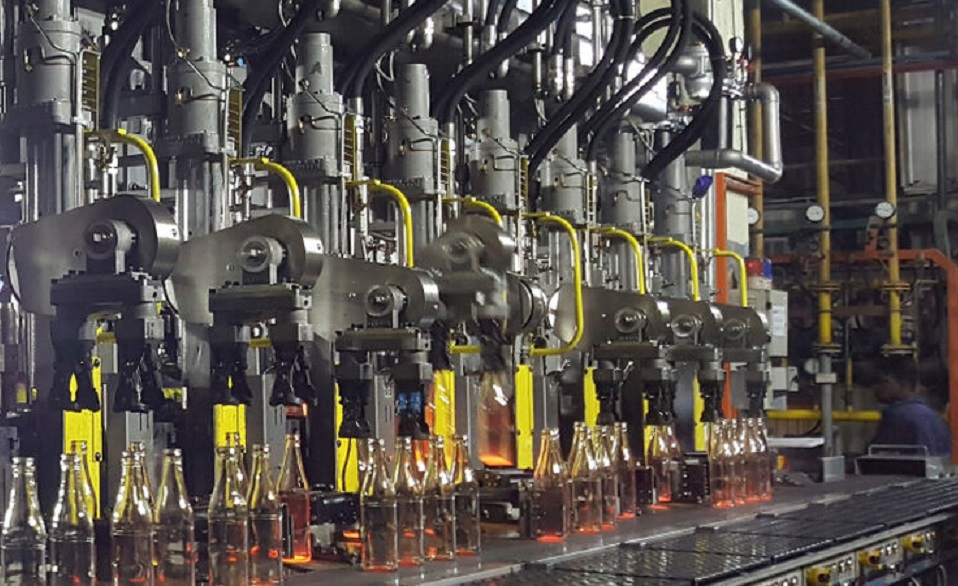 glass bottles are produced on the line