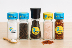 custom glass spice jars with printed Aluminium caps plastic shaker for pepper salt and herbs
