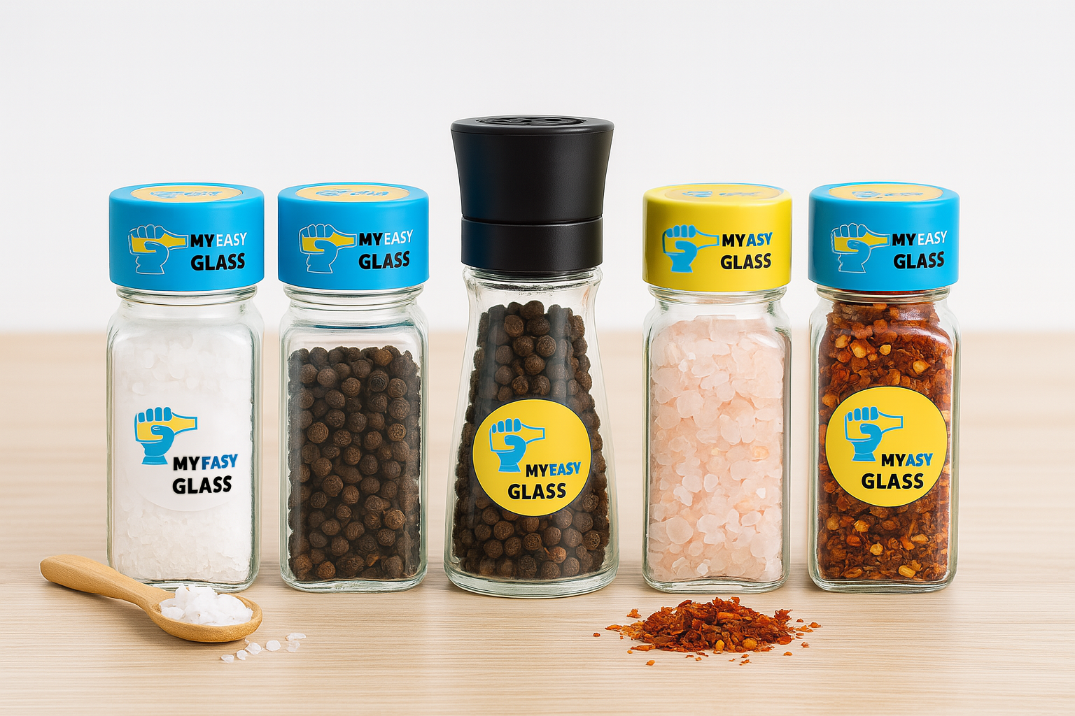 custom glass spice jars with printed Aluminium caps plastic shaker for pepper salt and herbs
