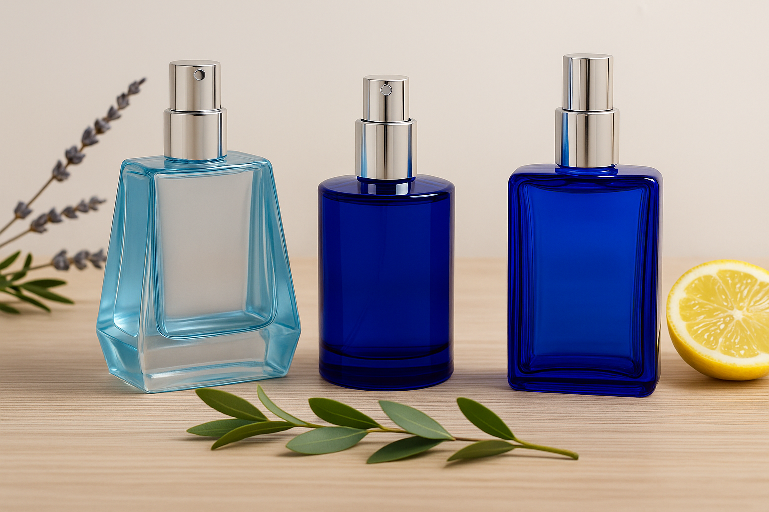 Three elegant glass spray bottles in light blue and cobalt tones, displayed on a wooden surface with natural elements like lavender, lemon, and green leaves. Perfect for cosmetic or essential oil packaging.