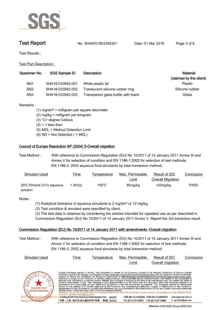 SGS test report 2018 – glass bottle & closure sample description and overall migration test
