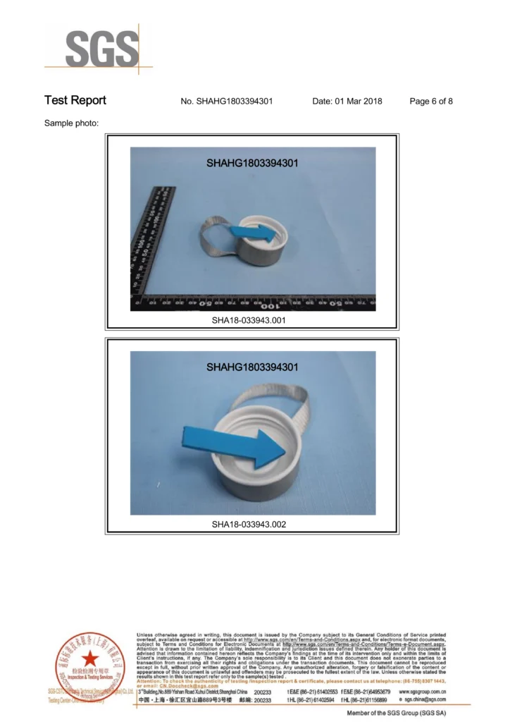 SGS test report 2018 – sample photos of plastic lid and silicone ring