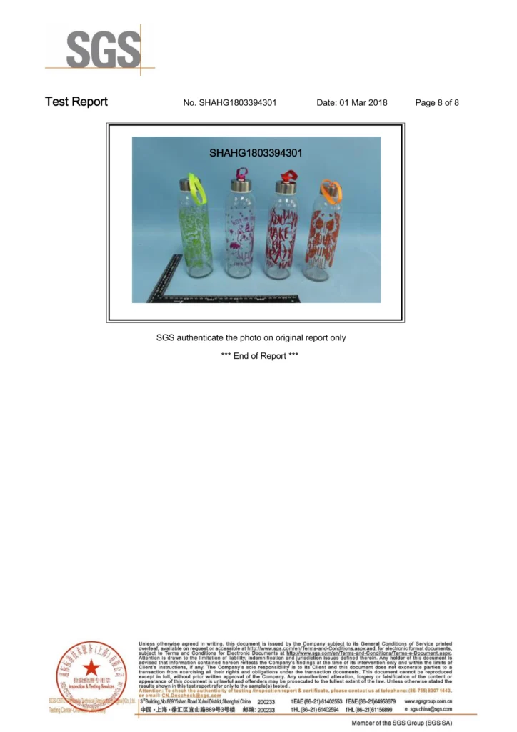 SGS test report 2018 – sample photo of printed glass bottles (end of report)