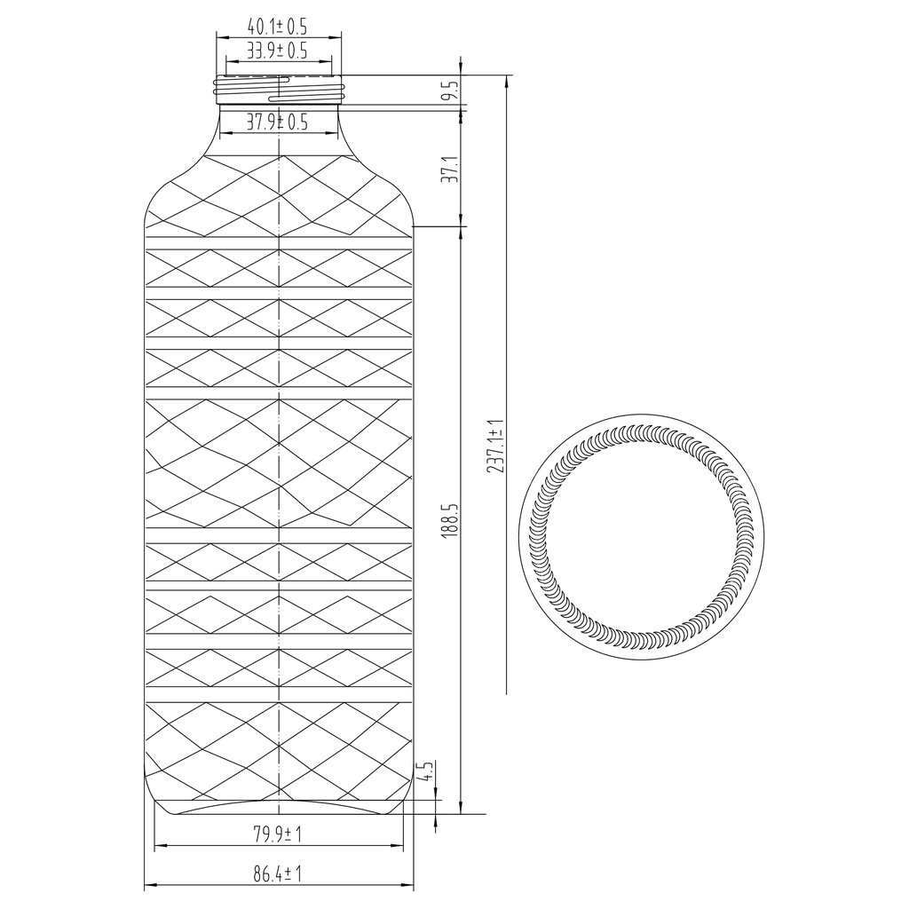 Custom glass bottle technical drawing with dimensions and base view (logo removed)