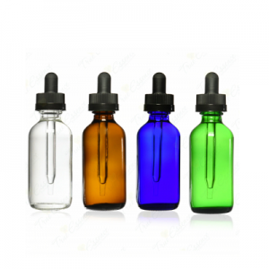 Essential oil glass dropper bottles in clear, amber, blue and green