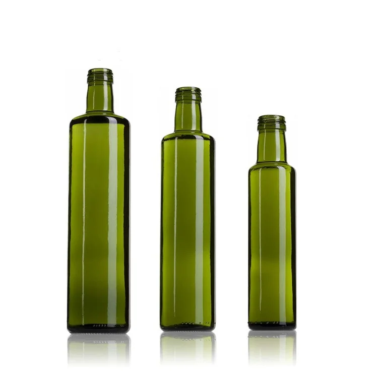 Olive oil and vinegar glass bottles in multiple sizes and closures