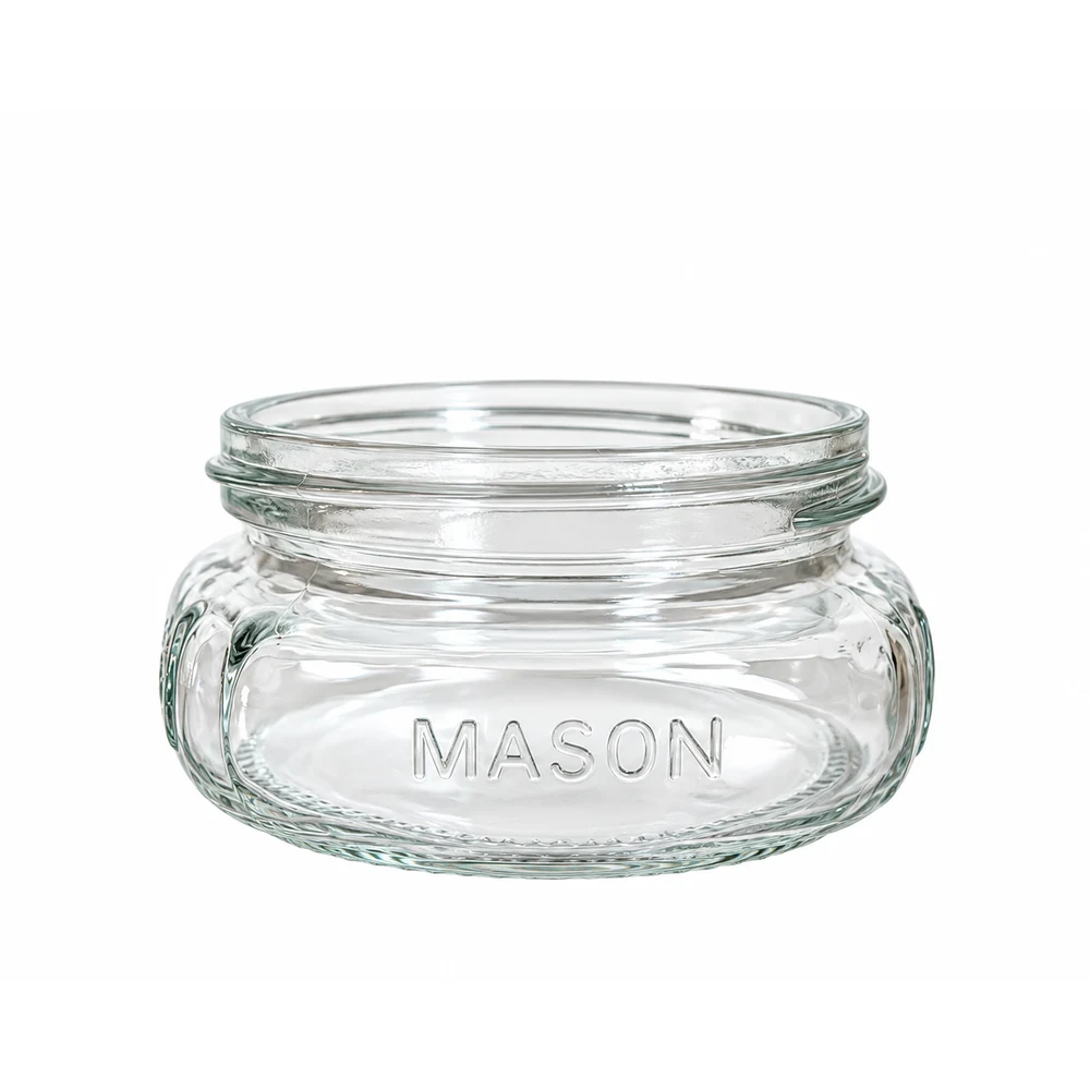 8oz clear wide mouth Mason glass jar with embossed lettering and screw-top opening